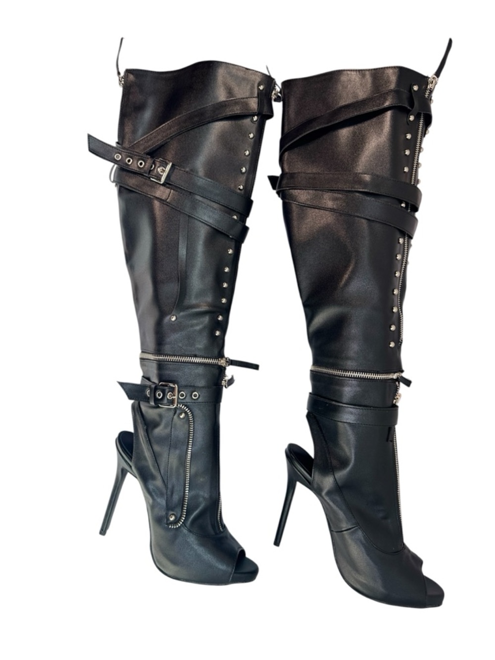 Black Convertible Thigh High Boots Women Stiletto 5” Open Toe Strappy Buckle